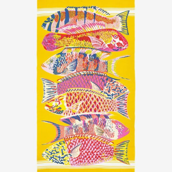 Yellow fouta towel with aquatic pattern