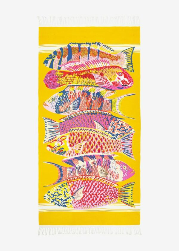 Yellow fouta towel with aquatic pattern