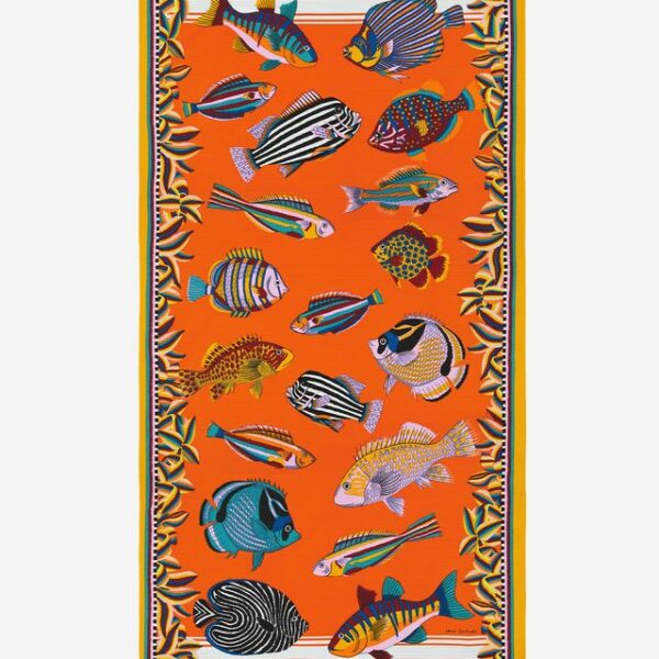 Orange fouta towel with aquatic pattern