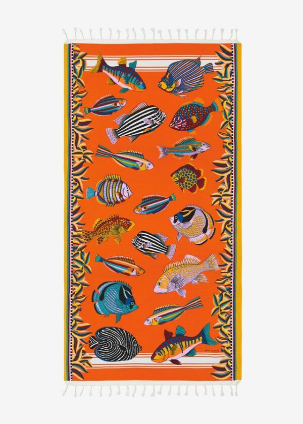 Orange fouta towel with aquatic pattern